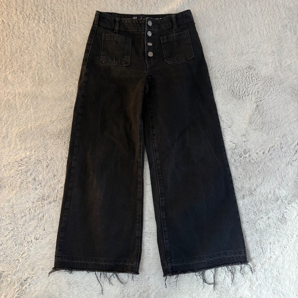 Gap Kids Girls High Stride Ankle Wide Leg Jeans Black Button Fly Size 14 READ